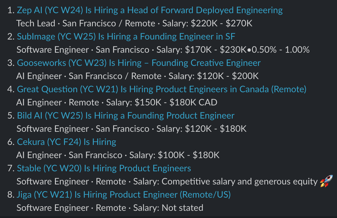 The job digest posted to Slack